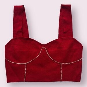 On 12th Red Rhinestone Corset Detail Crop Top Medium